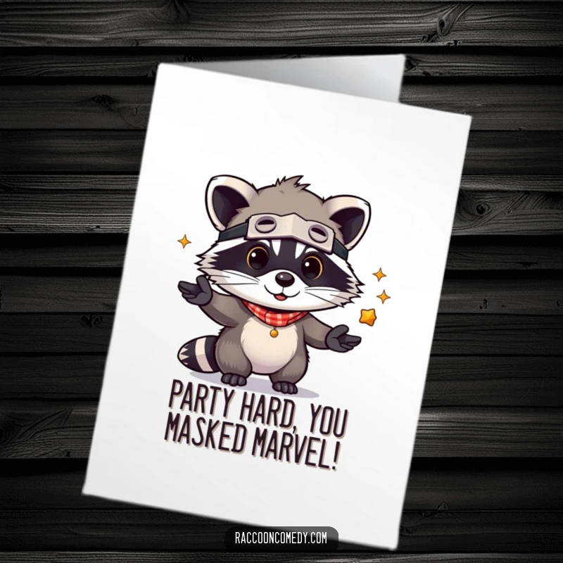 Funny Free Printable Birthday Card: Kawaii raccoon in bandit mask playfully juggling shiny objects, a festive DIY card.