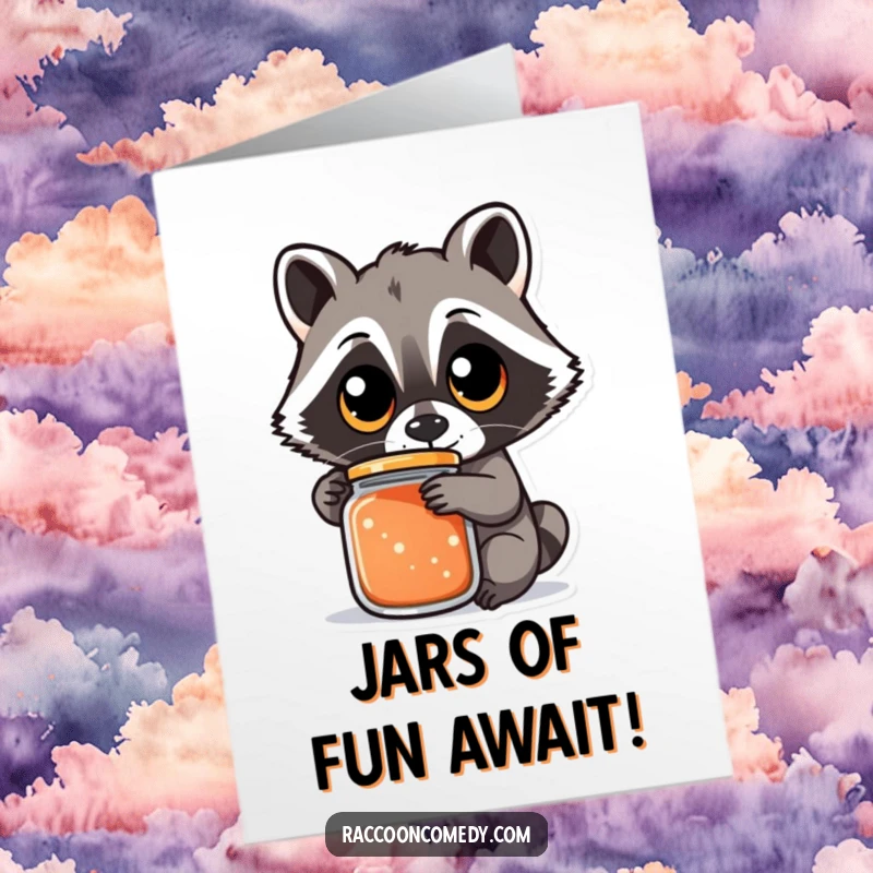 Funny free printable birthday card showing a raccoon with big, round eyes determinedly trying to open a stubborn jar.