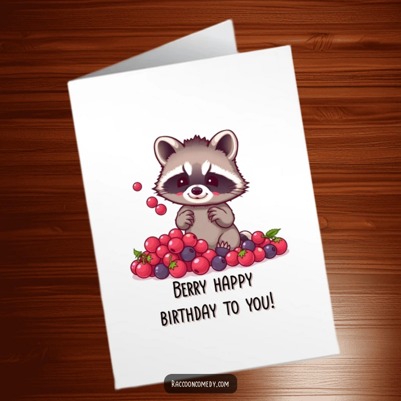 Funny Free Printable Birthday Card: A small raccoon with tiny paws skillfully juggling a colorful pile of shiny berries.