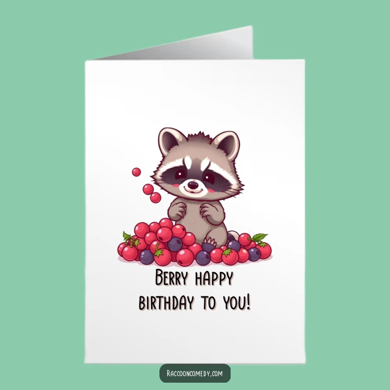 Free Printable Birthday Card: Raccoon Juggling Berries Funny Downloadable Gift