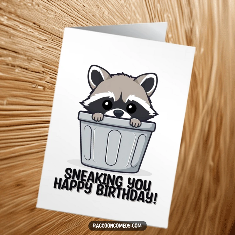 Funny Free Printable Birthday Card: Mischievous raccoon peeking from behind a striped trash bin, playful and cheeky.