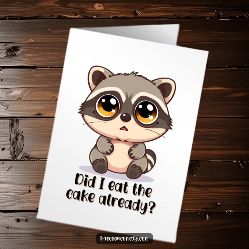 Funny Free Printable Birthday Card: Kawaii raccoon wearing oversized googly eyes, looking utterly bewildered.