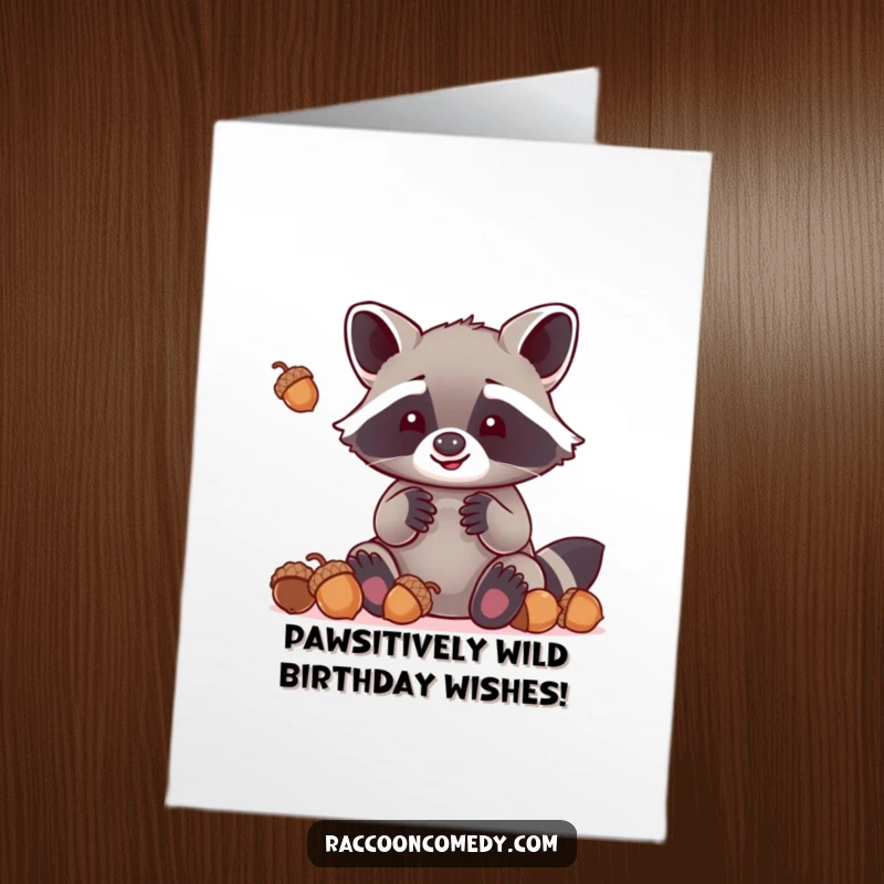 Funny free printable birthday card: Kawaii raccoon with huge paws hilariously fails at juggling acorns, looking flustered.