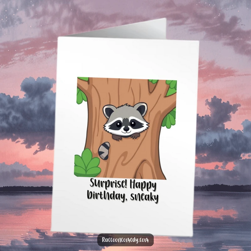 Funny Free Printable Birthday Card: Kawaii raccoon peeking curiously from behind a large stylized tree, ready to wish happy birthday.