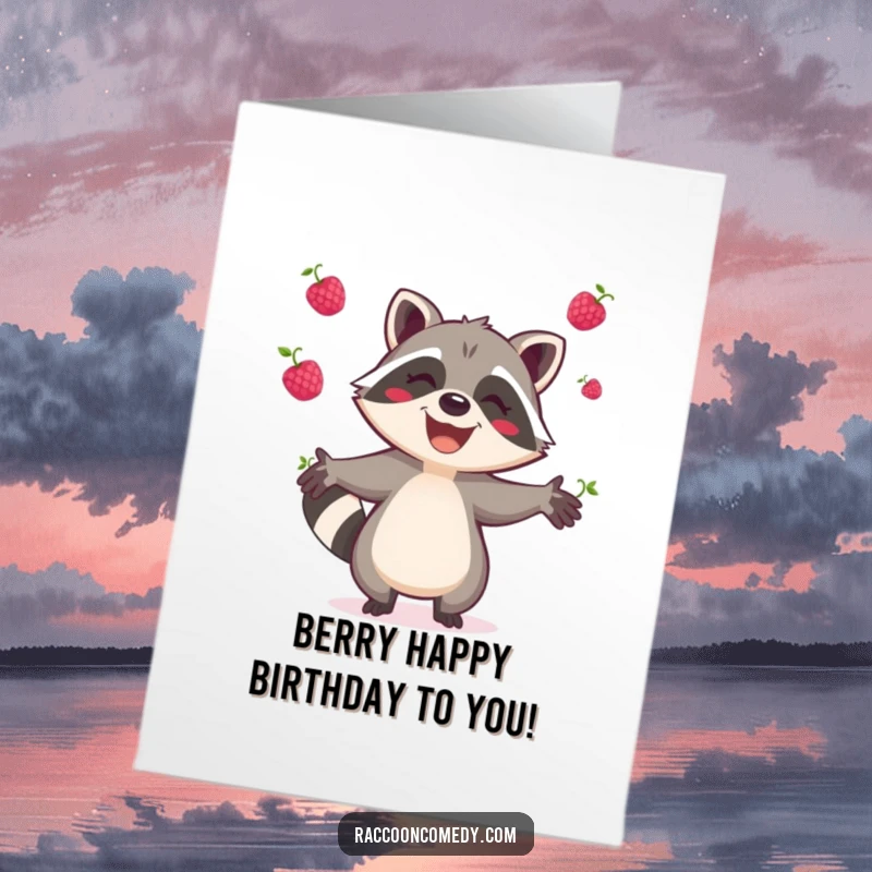 Funny Free Printable Birthday Card: A joyful raccoon gleefully juggles bright berries, celebrating a birthday.