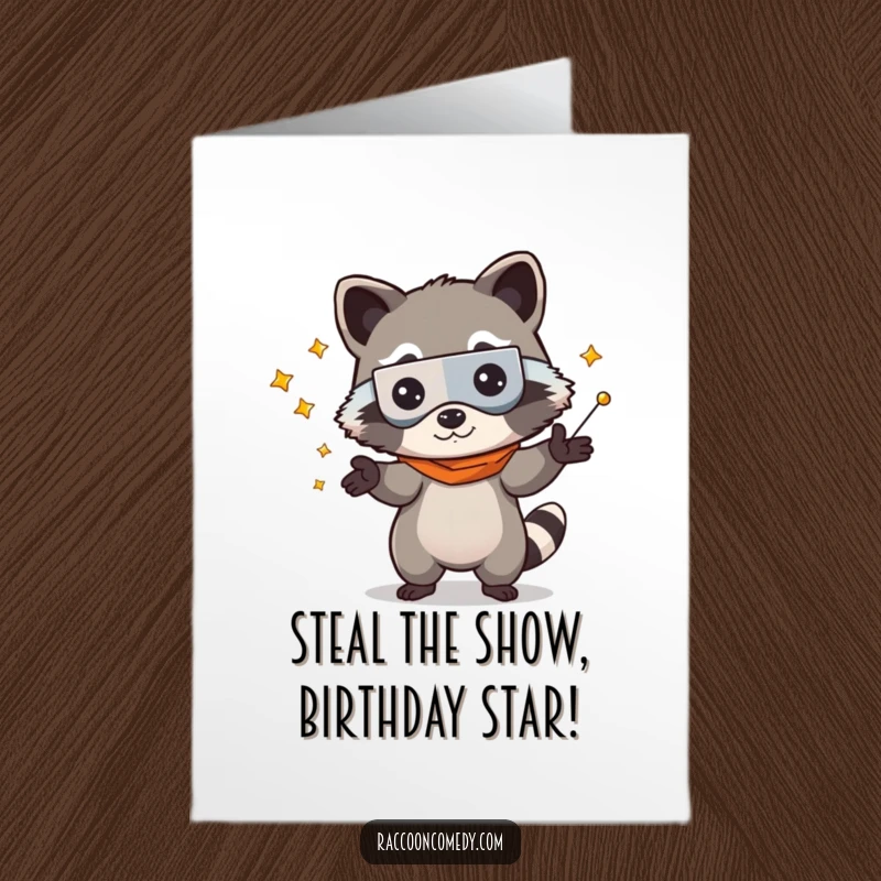 Funny Free Printable Birthday Card: Kawaii raccoon in bandit mask juggles shiny objects with pure joy.