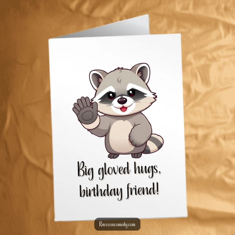 Funny Free Printable Birthday Card: A kawaii raccoon in oversized gloves waves enthusiastically goodbye.
