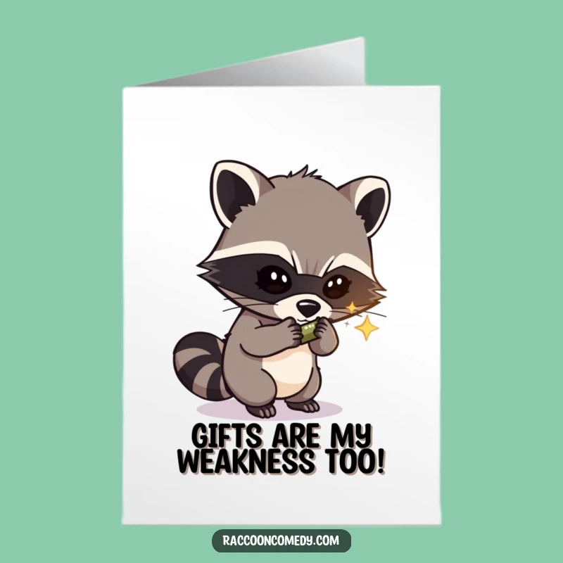 Free Printable Birthday Card: Mischievous Raccoon Thief Stealing Shiny Fun Downloadable Gift