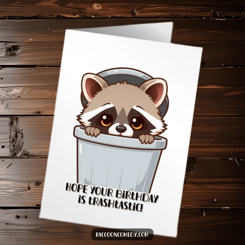 Funny Free Printable Birthday Card: Kawaii raccoon with curious eyes peeking from a trash can, a trashy DIY birthday wish.