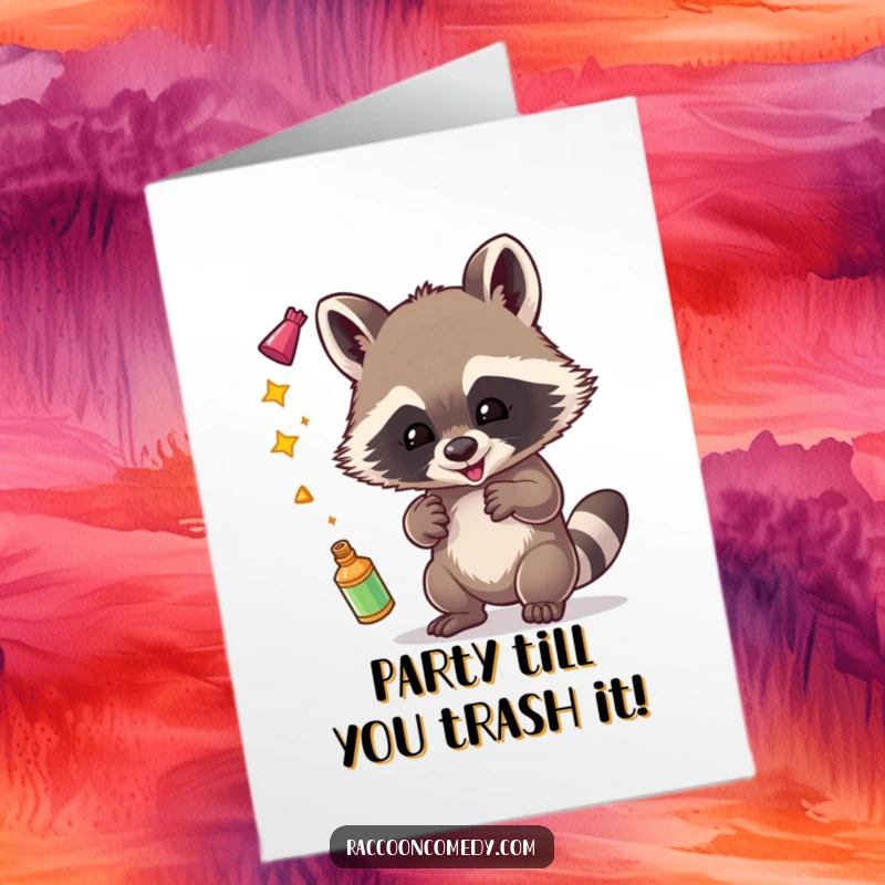 Funny Free Printable Birthday Card: A sneaky raccoon gleefully juggling shiny treasures with a wide, impish grin.