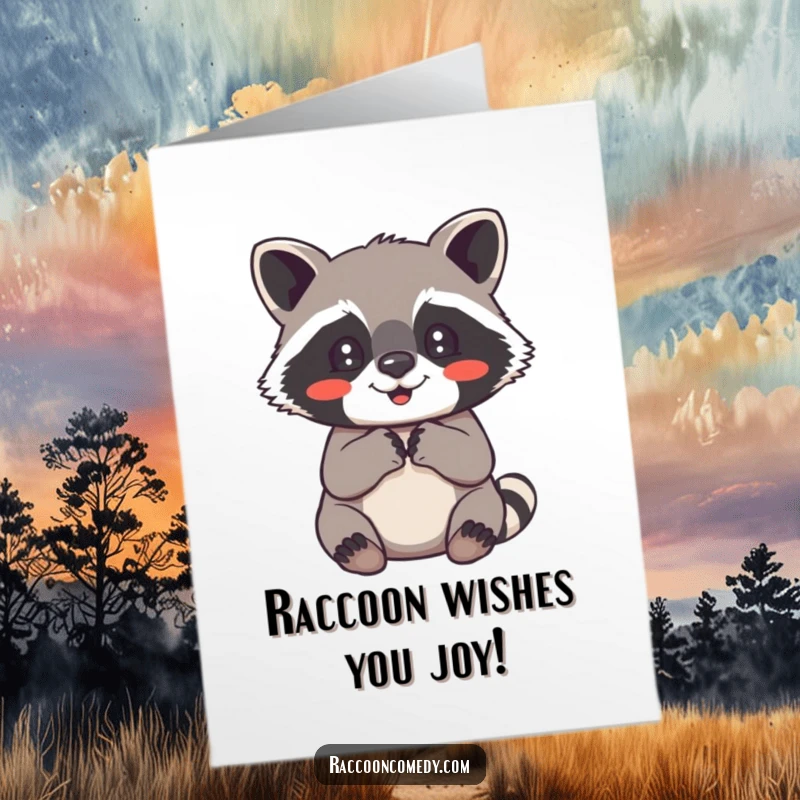 Funny Free Printable Birthday Card: Delighted raccoon clutching paws, sending happy birthday wishes.