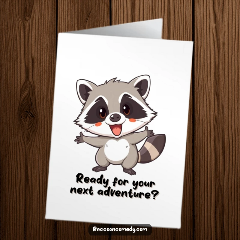 Funny Free Printable Birthday Card: Excited raccoon gears up for a mischievous adventure, sly grin, downloadable.