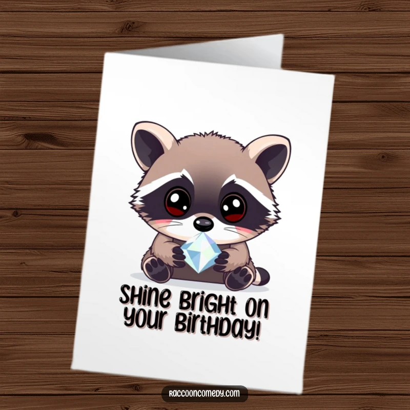 Funny Free Printable Birthday Card: A curious raccoon with wide, bright eyes intently examining a large, sparkling gem.