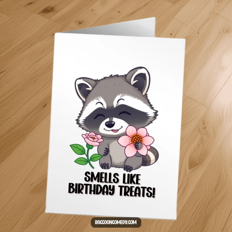 Funny free printable birthday card featuring a cute raccoon with a twitching nose, delightedly sniffing a beautiful flower.