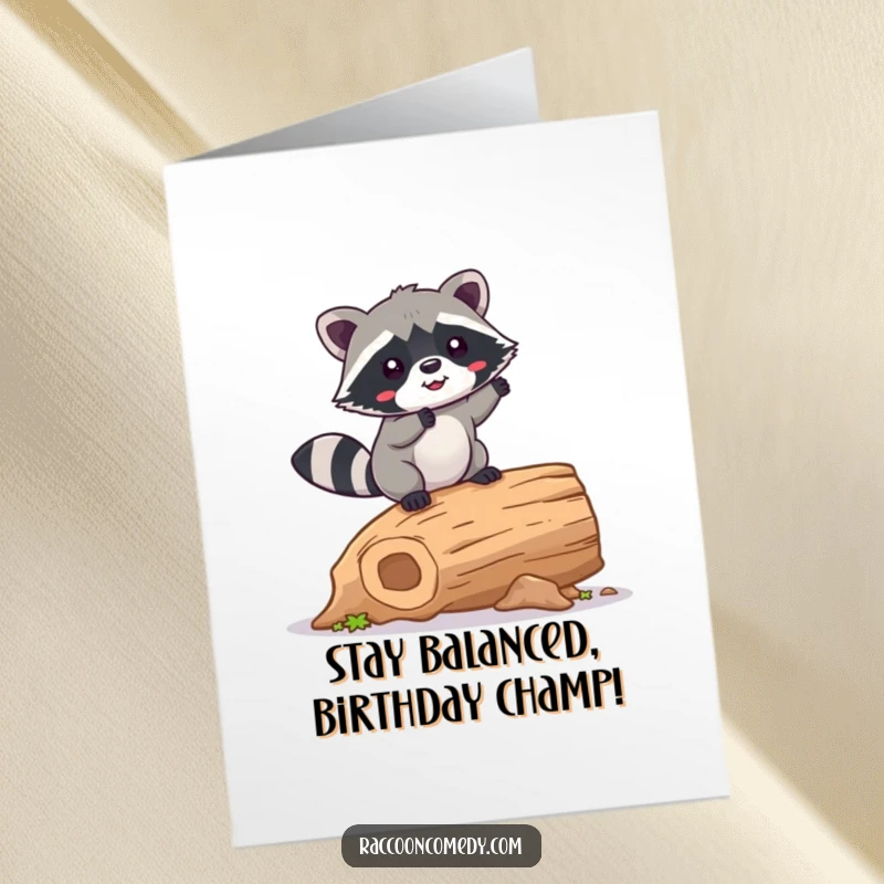 Funny Free Printable Birthday Card: Kawaii raccoon wobbling happily on a hollow log, a hilarious DIY birthday wish.