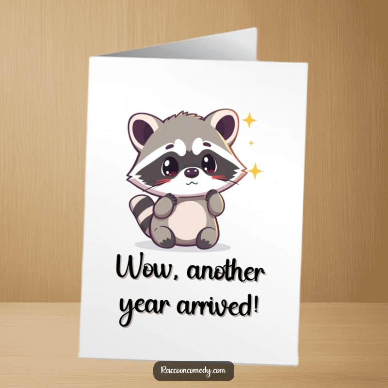 Funny Free Printable Birthday Card: Kawaii raccoon looking surprised by a shimmering light, full of awe.