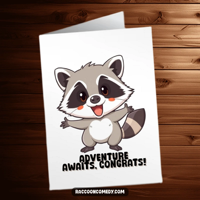 Funny Free Printable Congrats Card: Excited raccoon plotting a sneaky adventure, celebrating success, downloadable art.