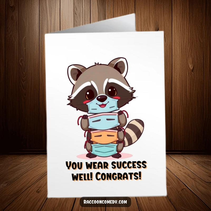 Funny Free Printable Congratulations Card: Cheerful raccoon balancing a stack of colorful, varied masks, celebrating versatility.