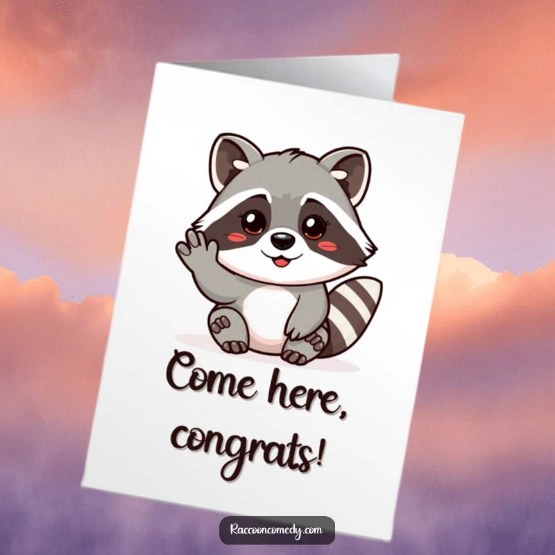 Funny Free Printable Congrats Card: Friendly raccoon beckoning, inviting smiles to celebrate accomplishment, downloadable art.