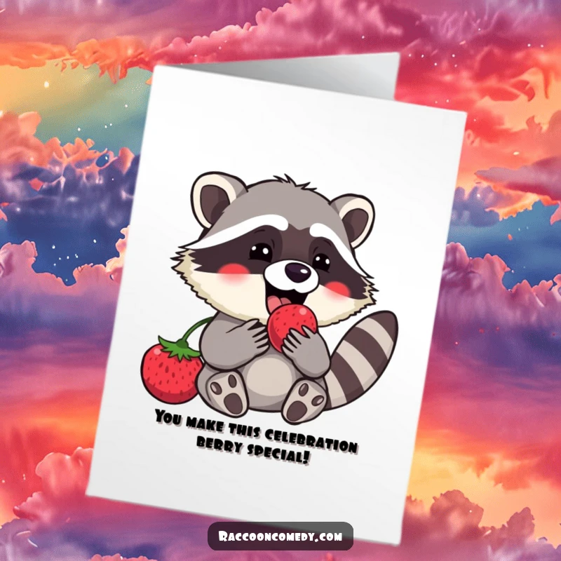 Funny Free Printable Congratulations Card: Content raccoon celebrates, happily munching a huge berry.