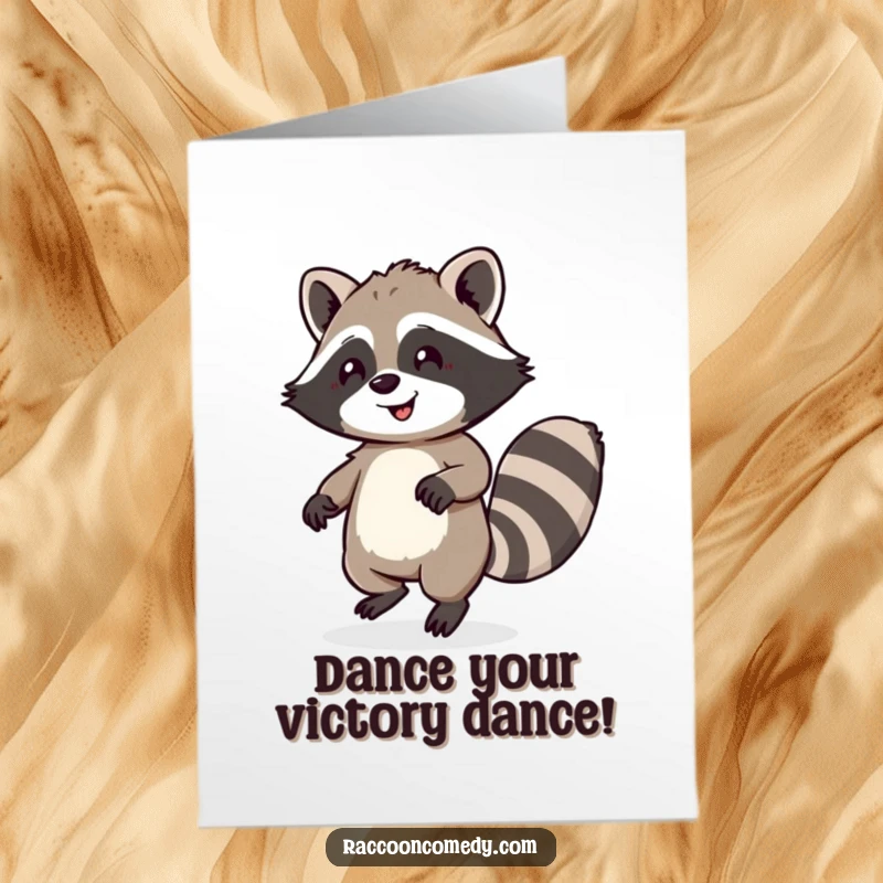 Funny Free Printable Congrats Card: Happy raccoon with a fluffy tail doing a little dance to celebrate.