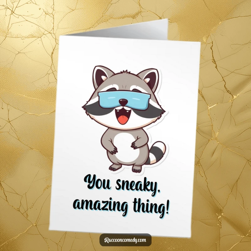 Funny Free Printable Congratulations Card: An excited masked raccoon peeking out with mischievous curiosity.