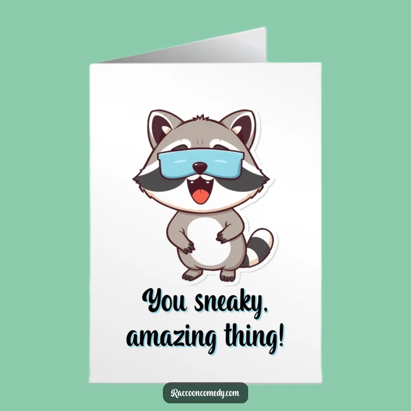 Free Printable Congrats Card: Excited Raccoon Masked, Hilarious Peeking Celebration Downloadable!