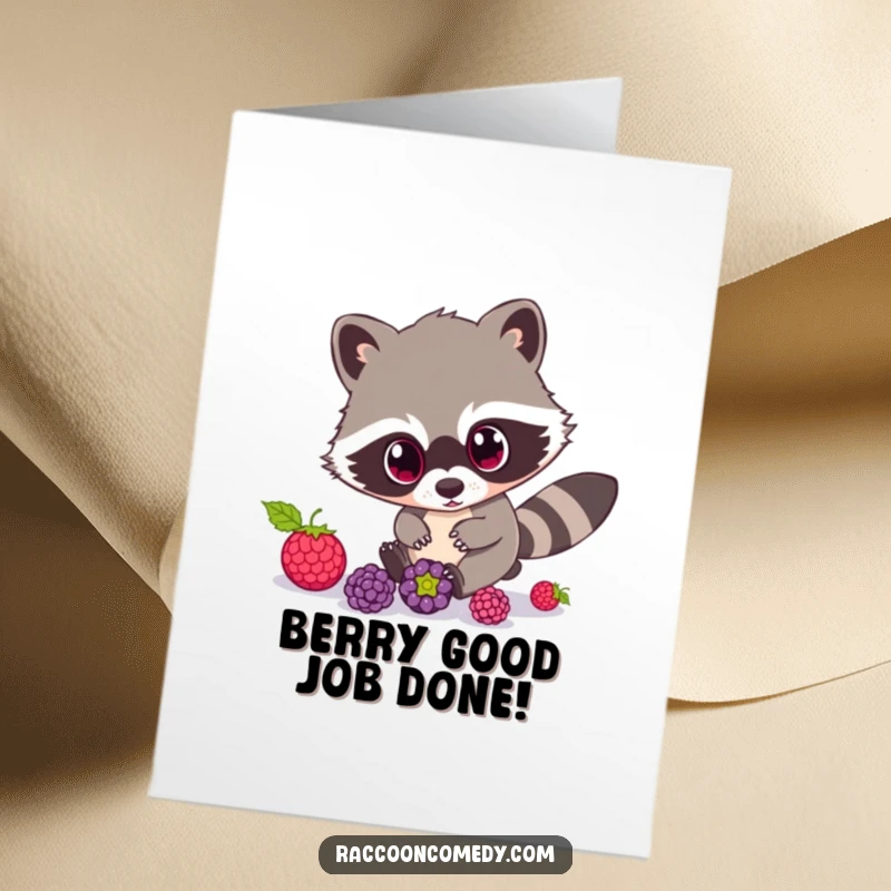 Funny Free Printable Congrats Card: A wide-eyed raccoon comically chases rolling berries. Adventurous downloadable art.