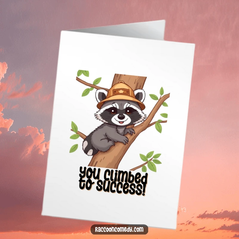 Funny Free Printable Congrats Card: Adventurous raccoon cub climbs tree, celebrating success with funny downloadable art.