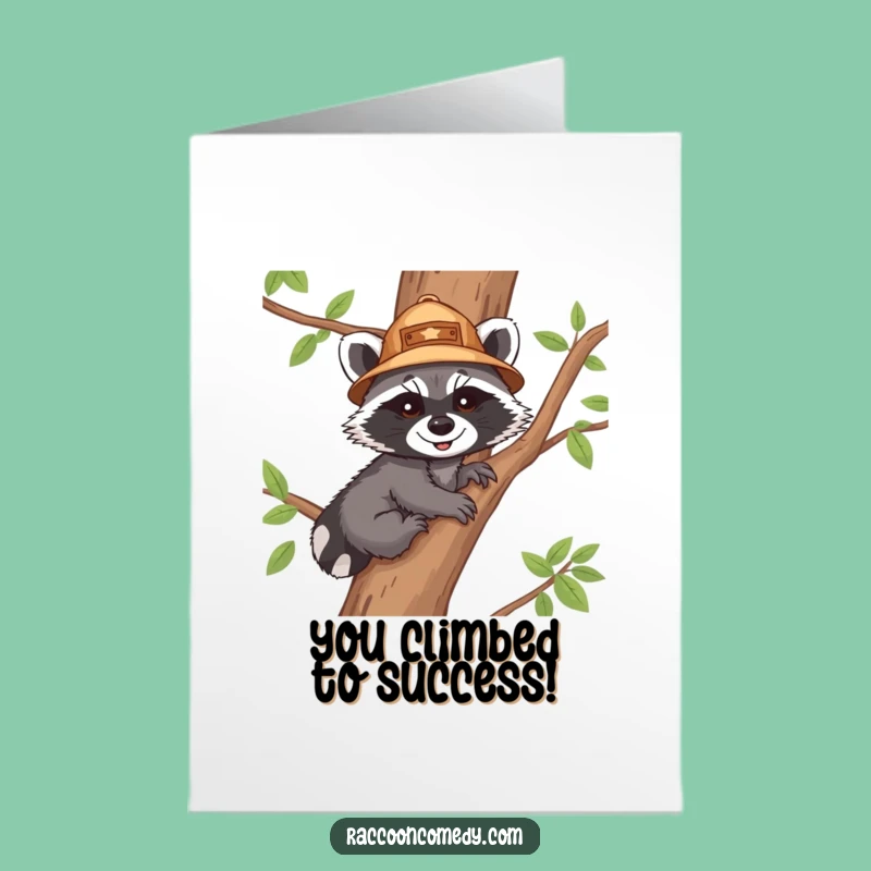 Free Printable Congrats Card: Raccoon Explorer Cub Climbing Tree - Downloadable Achievement Gift