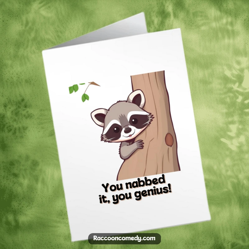 Funny Free Printable Congratulations Card: A smiling raccoon peeks from a tree, offering cheerful congratulations.