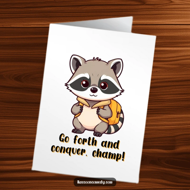 Funny Free Printable Congratulations Card: Kawaii raccoon with a backpack, looking determined and excited for a new adventure ahead.