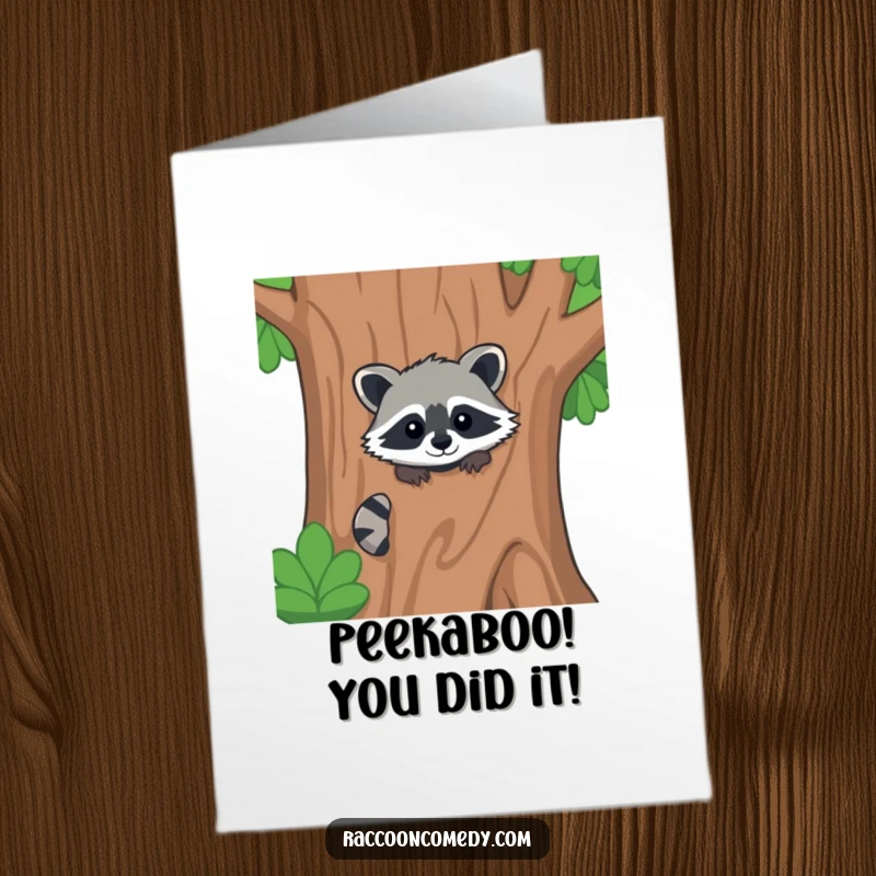 Funny Free Printable Congratulations Card: Kawaii raccoon peeking from behind a tree, ready to share exciting congratulatory news.