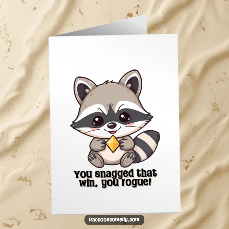 Funny Free Printable Congratulations Card: Kawaii raccoon with a sly grin, clutching a shiny trinket, celebrating a valuable achievement.