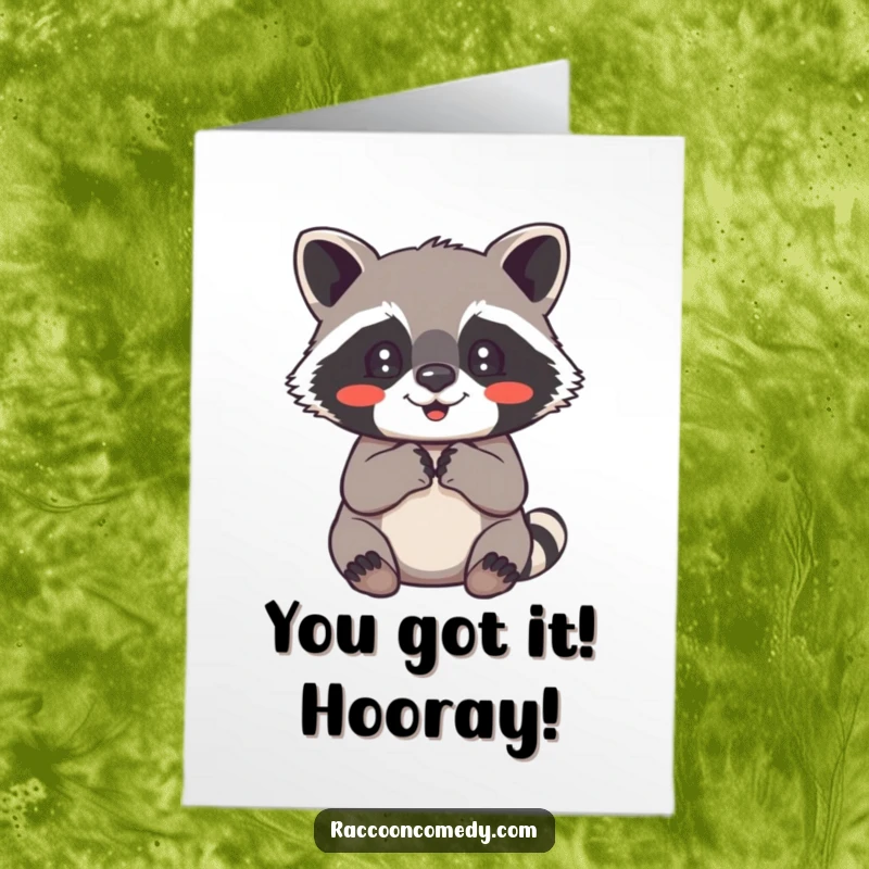 Funny Free Printable Congratulations Card: Delighted raccoon with clasped paws, celebrating a fantastic achievement.