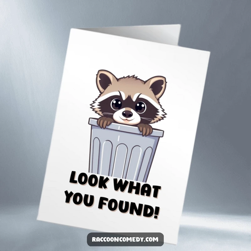 Funny Free Printable Congrats Card: Curious raccoon peeking from a trash can, celebrating a win.