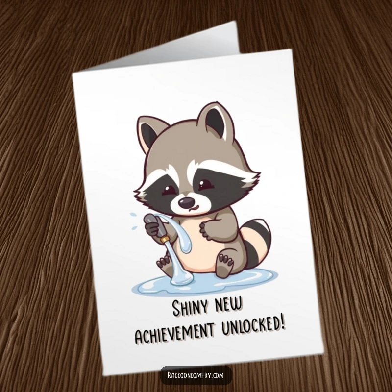 Funny Free Printable Congratulations Card: A mischievous raccoon meticulously washing a super shiny object until it gleams, looking very pleased.
