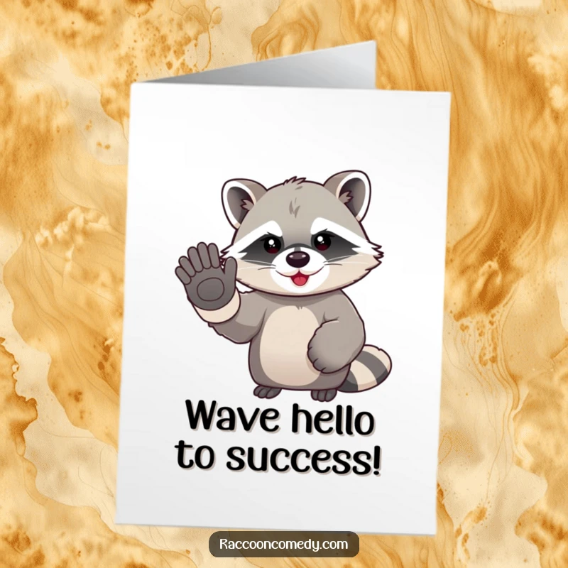 Funny Free Printable Congratulations Card: A kawaii raccoon with huge gloves waves a happy goodbye.