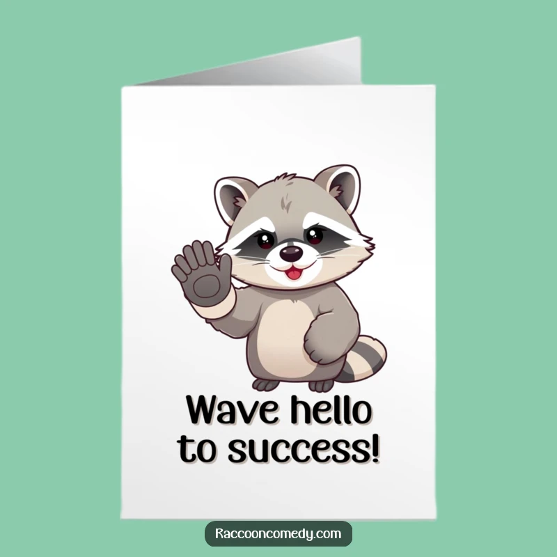 Congrats Free Printable Card: Kawaii Raccoon Waving Farewell, Downloadable Gift