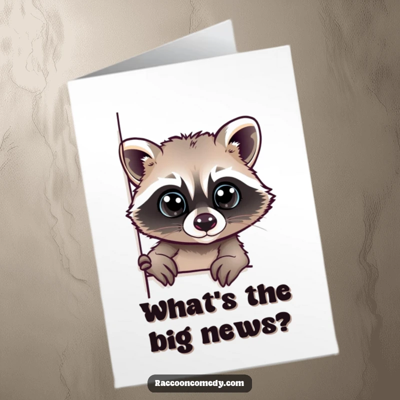 Funny Free Printable Congrats Card: A raccoon with wide, curious eyes glancing slyly from behind a corner.