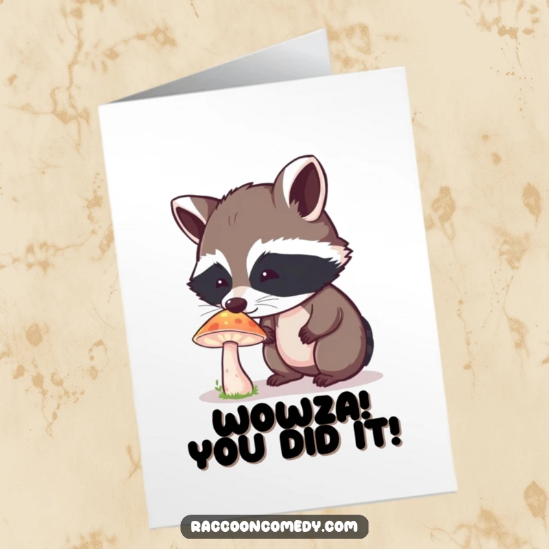 Funny Free Printable Congratulations Card: Curious raccoon amazed by a glowing mushroom, celebrating success with wonder.