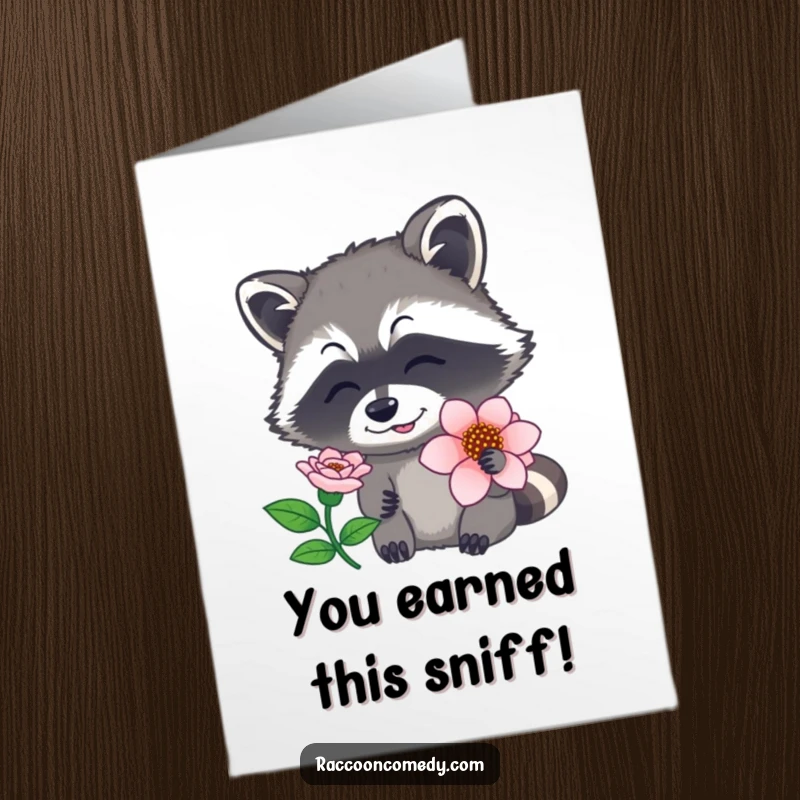 Funny free printable congratulations card showing a raccoon with a twitching nose appreciating the sweet scent of a flower.