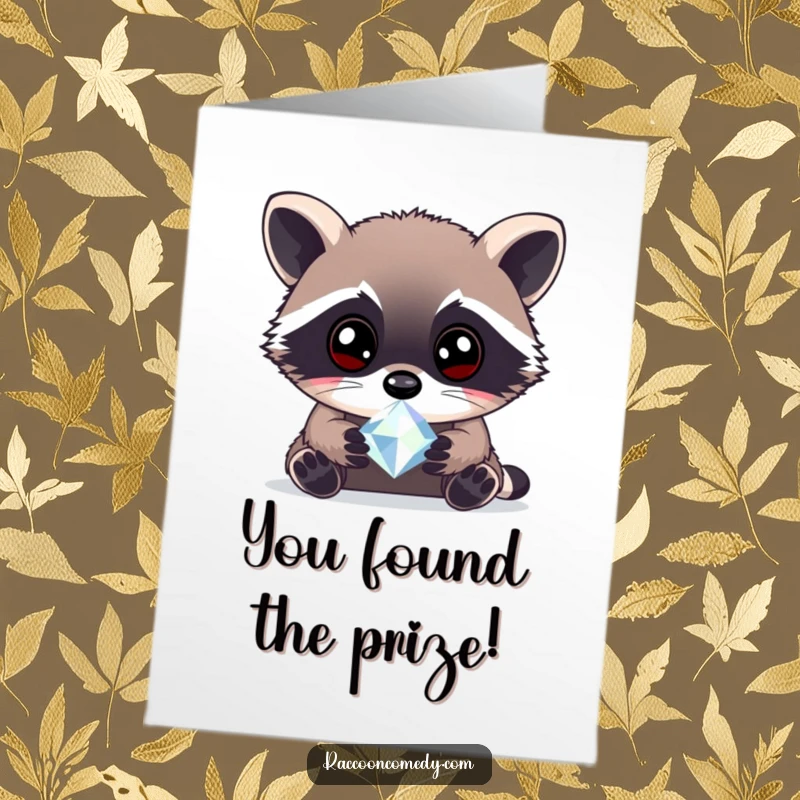 Funny Free Printable Congratulations Card: A wide-eyed raccoon with bright eyes curiously inspecting a vibrant, sparkling gem.