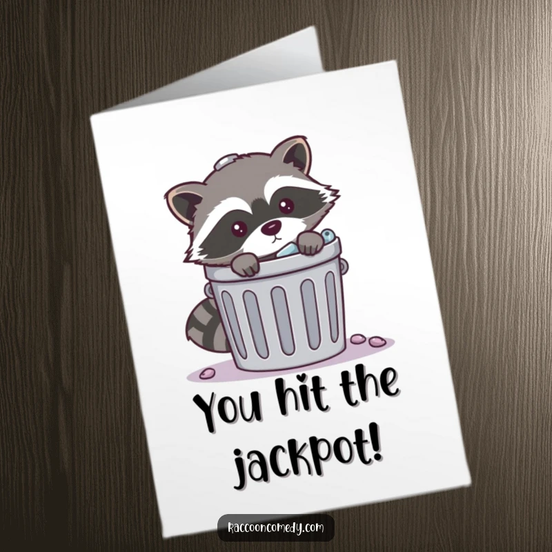 Funny Free Printable Congratulations Card: A sly raccoon peeking out from behind a comically large, overflowing trash can.