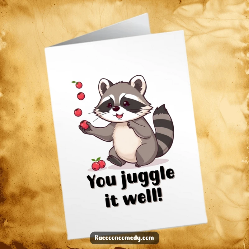 Funny Free Printable Congrats Card: Playful raccoon juggling tiny berries, celebrating a successful event.
