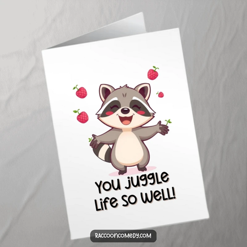 Funny Free Printable Congratulations Card: An ecstatic raccoon juggles berries, cheering for a big win.