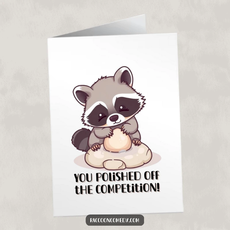 Adorable free printable congratulations card: A kawaii raccoon diligently washes a small, round stone.