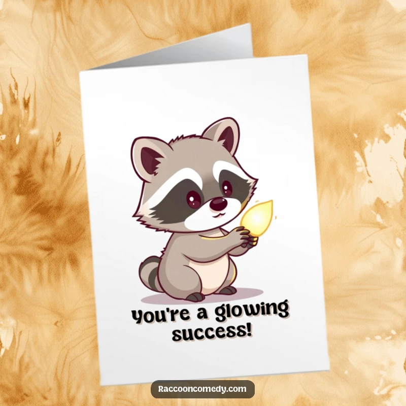Funny Free Printable Congratulations Card: A cute raccoon peering intently at a mysterious, brightly glowing object with a curious and fascinated expression.