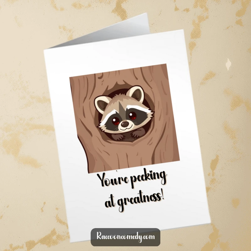 Funny Free Printable Congrats Card: A kawaii raccoon with a curious gaze peeks from a tree hollow, celebrating news.