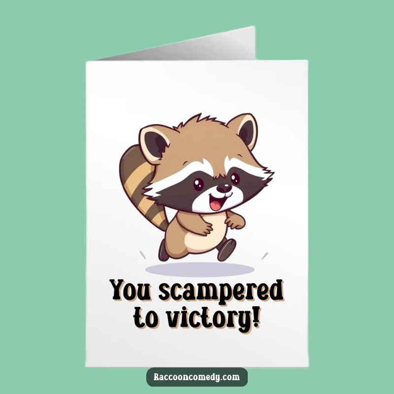 Free Printable Congrats Card: Raccoon Cub Scampering - Downloadable Energetic Achievement Gift